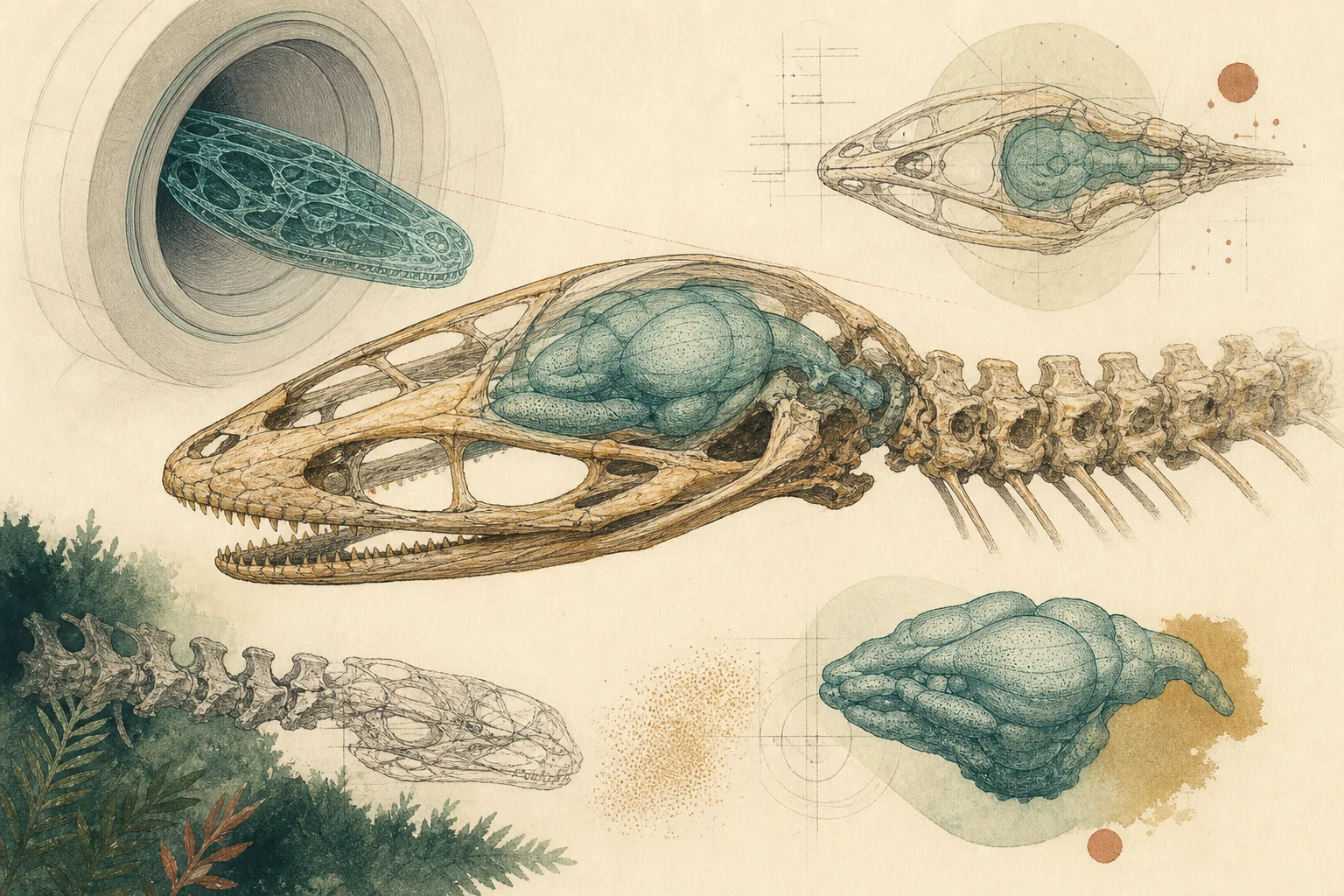 Field-journal illustration of an ancient snake fossil with a reconstructed brain and inner ear.