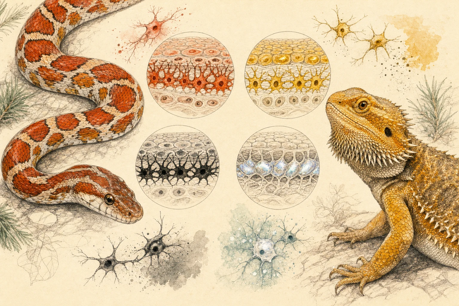 Field-journal illustration of a corn snake, a bearded dragon and magnified colour-making cells.