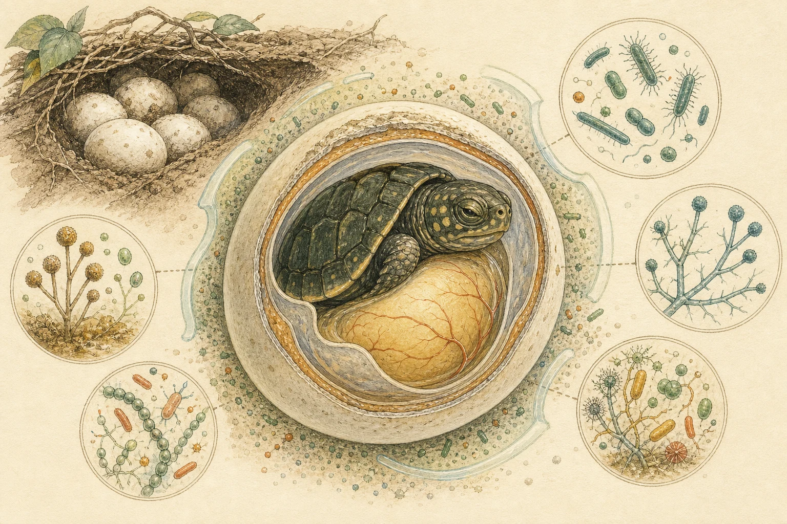 Field-journal cutaway illustration of a turtle developing inside an egg surrounded by microscopic bacteria and fungi.